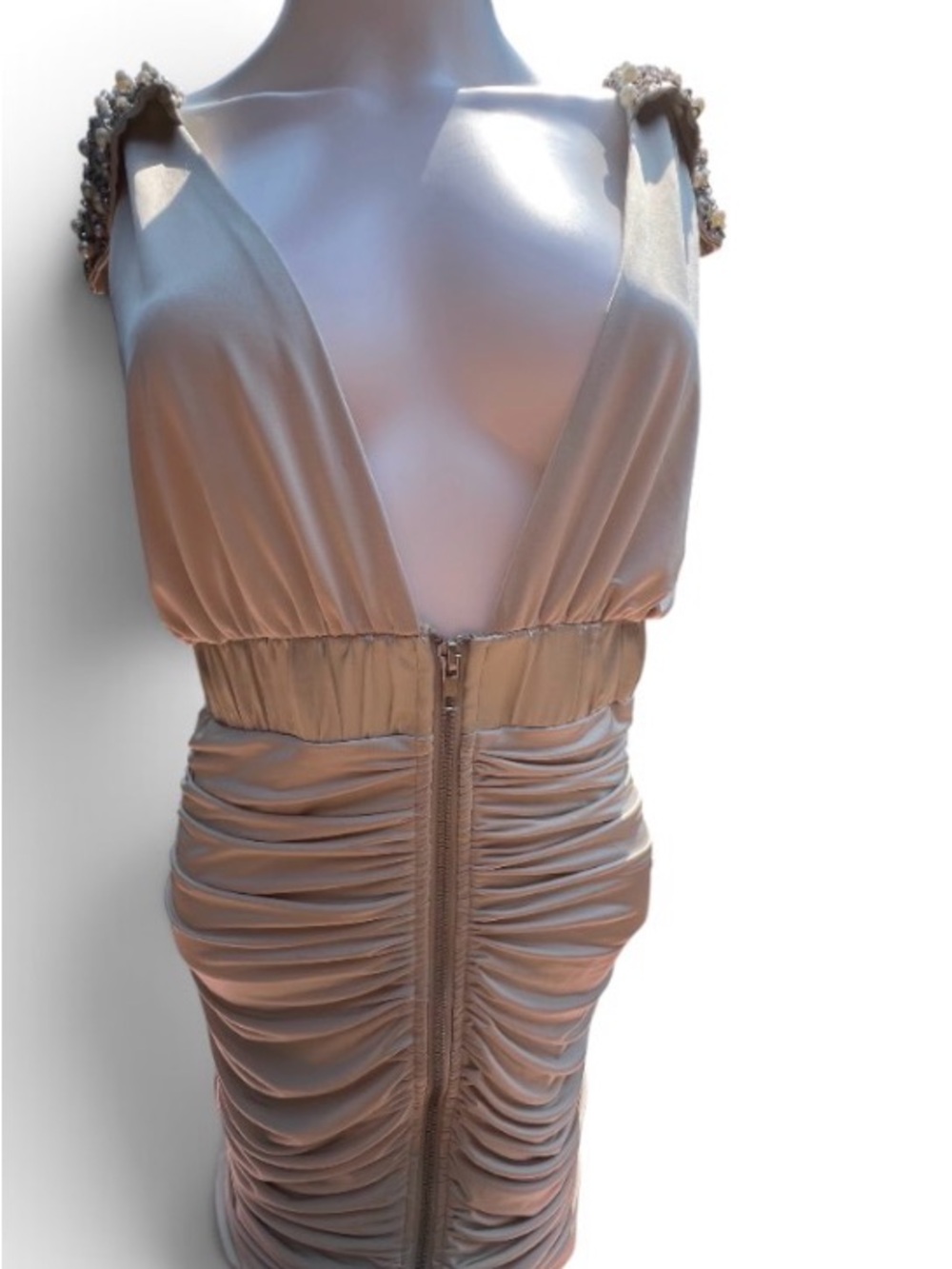 Vintage Do & Be Satin Ruched Bodycon “style” Dress. V-Neck Beaded Zip. Size L.